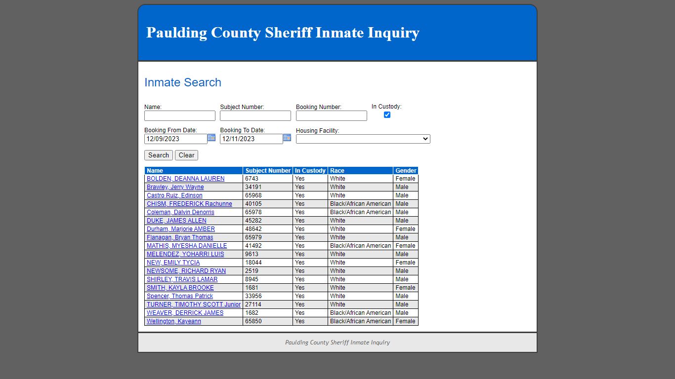 Inmate Search - Paulding County Sheriff Inmate Inquiry