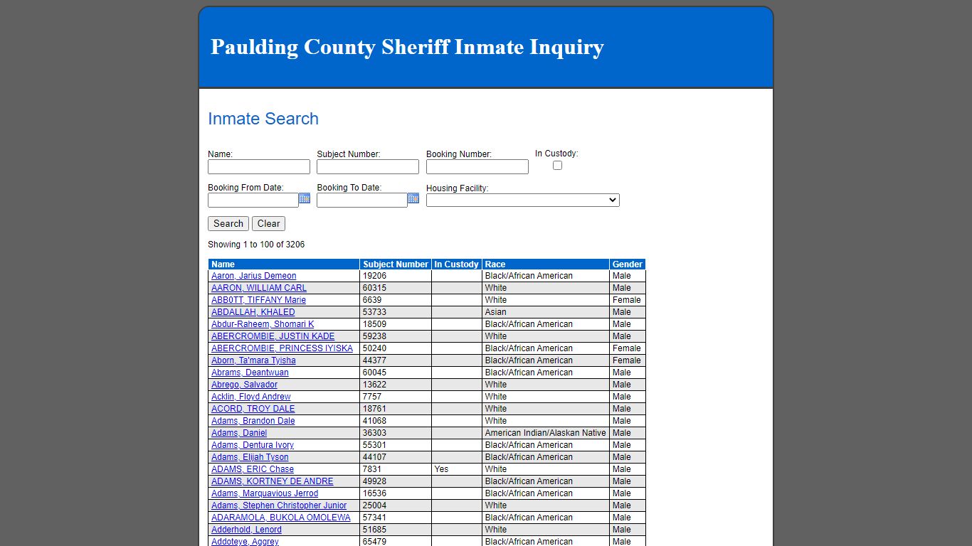 Inmate Search - Paulding County Sheriff Inmate Inquiry