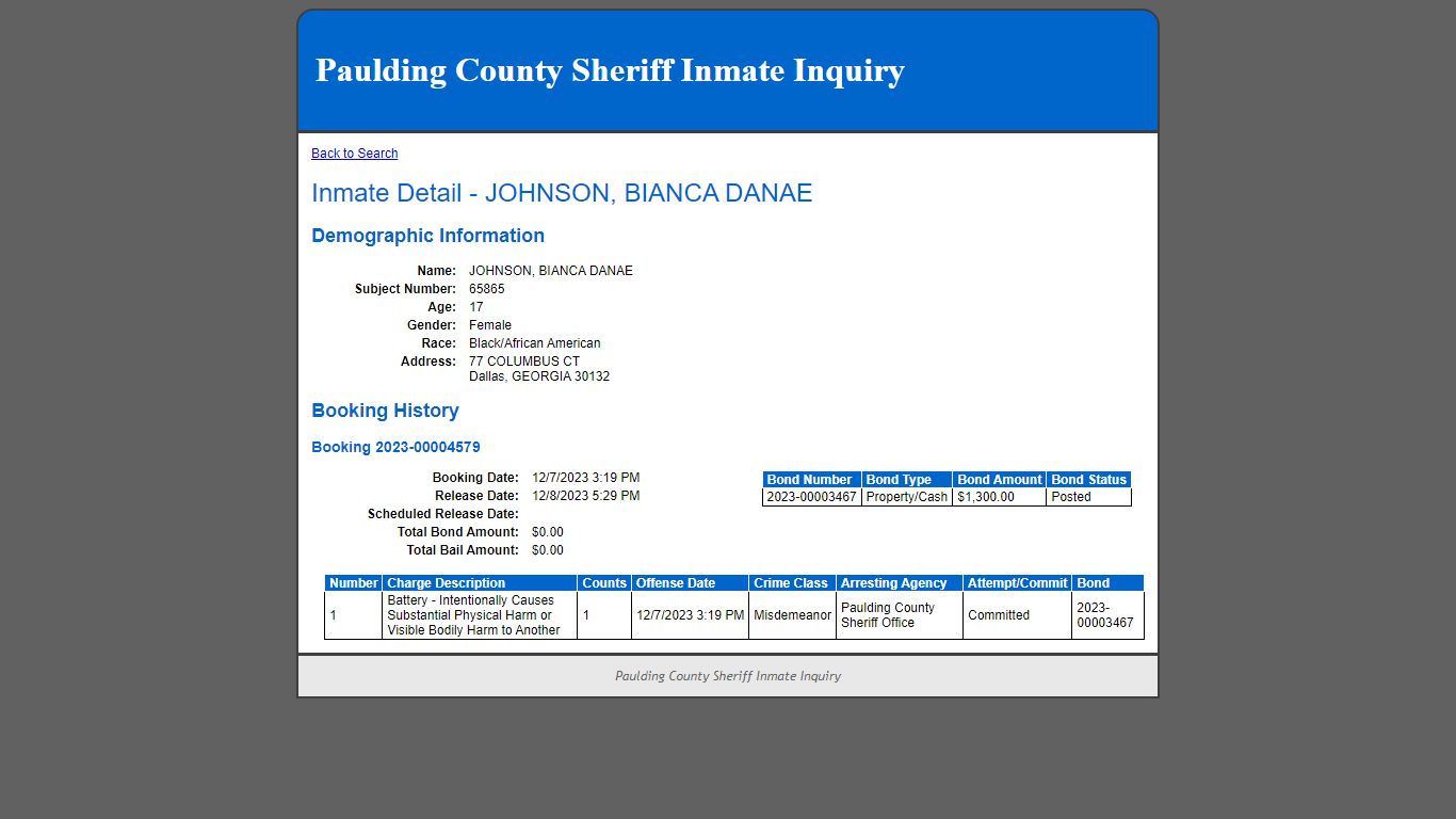 Inmate Detail - JOHNSON, BIANCA DANAE - Paulding County Sheriff Inmate ...